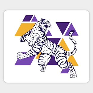 Retro Purple & Gold Tiger on the Attack // Vintage Geometric Shapes Background Magnet